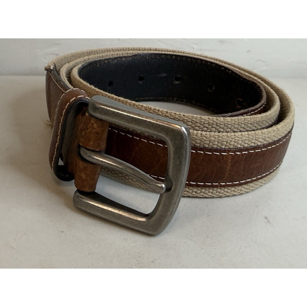 Vtg GH Bass Mens Beige Canvas Brown Leather Contrast Stitch Roller Buckle Belt